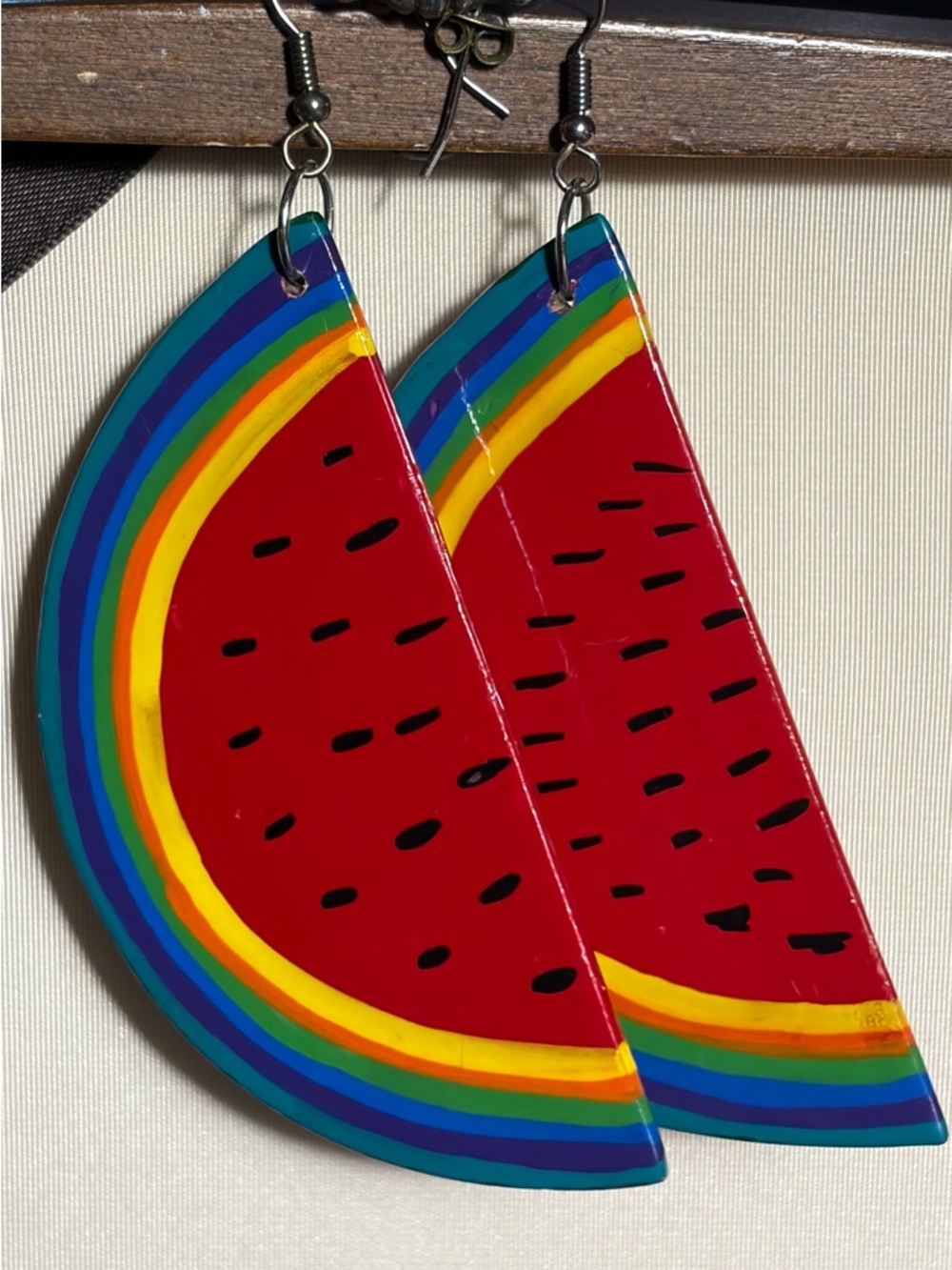 3/$30✨🍉Vintage HandPainted Rainbow Watermelon Wood pierced Earrings 3” Drop🍉80s